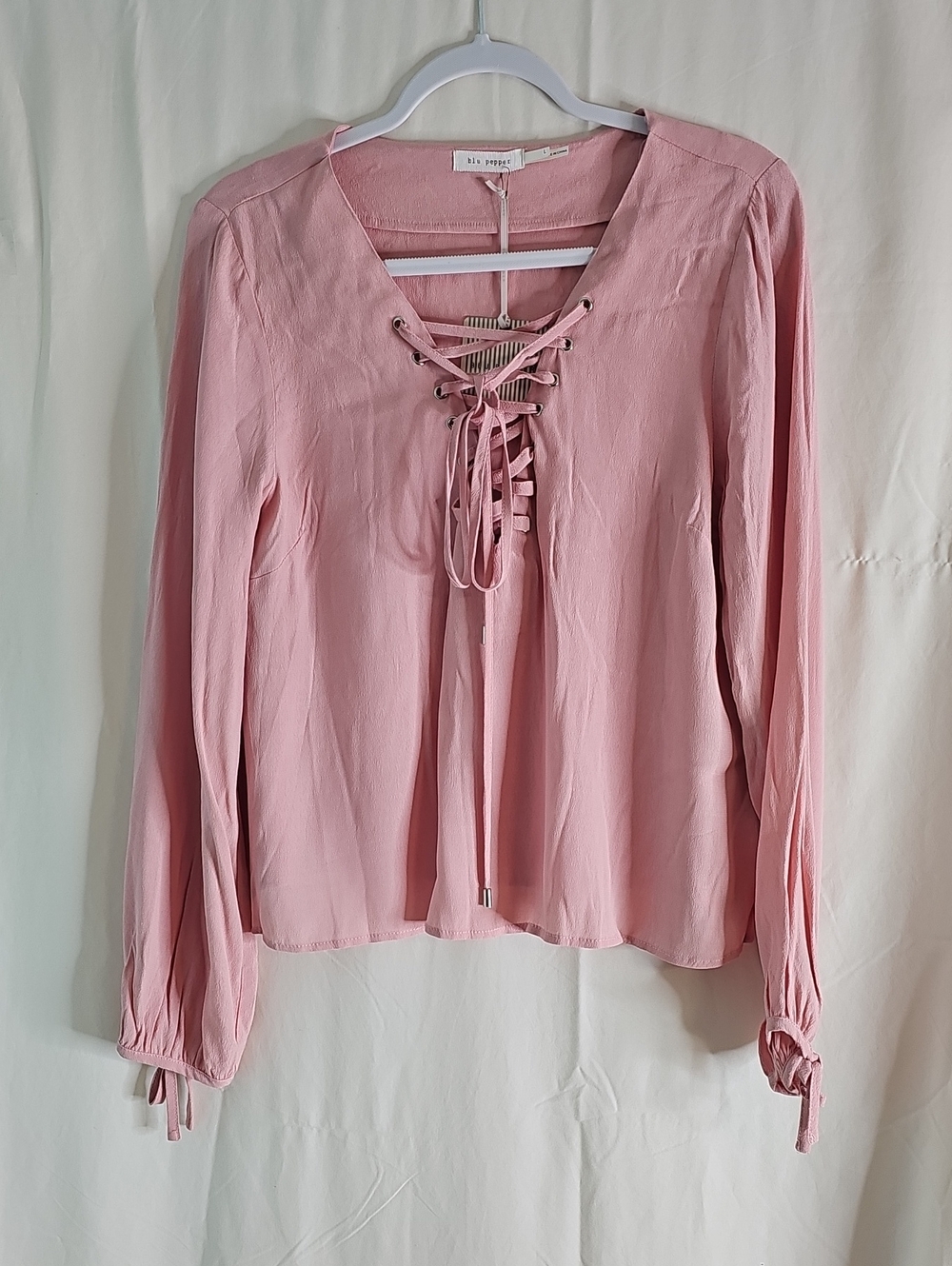 Blu Pepper Lace-Up Blush Pink Long-Sleeve Top